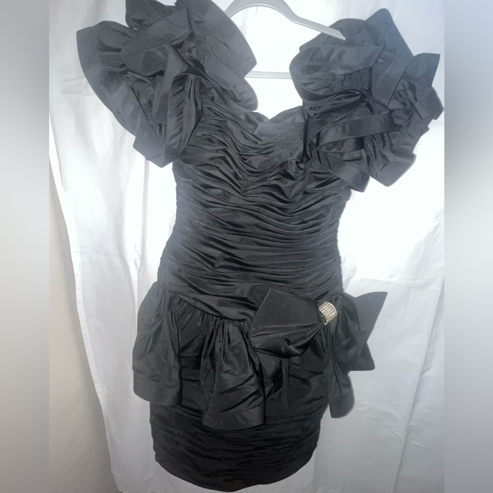 Vintage Julie Duroche for after five Black Ruffled Dress with bow Saks Fifth Ave